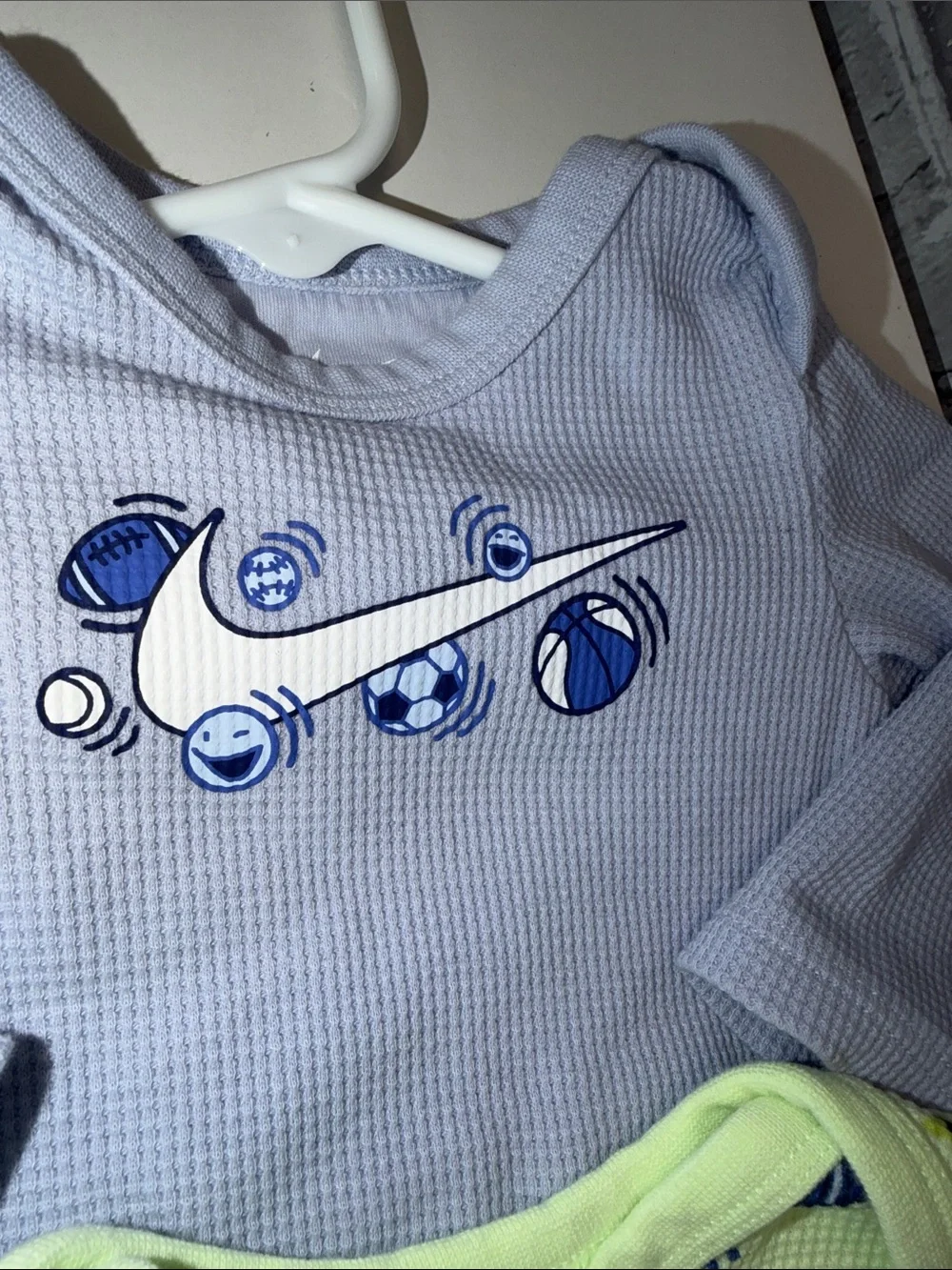 2 Baby Nike Long-Sleeve‎ Baby One-Piece in Light Blue and Yellow Soccer Print